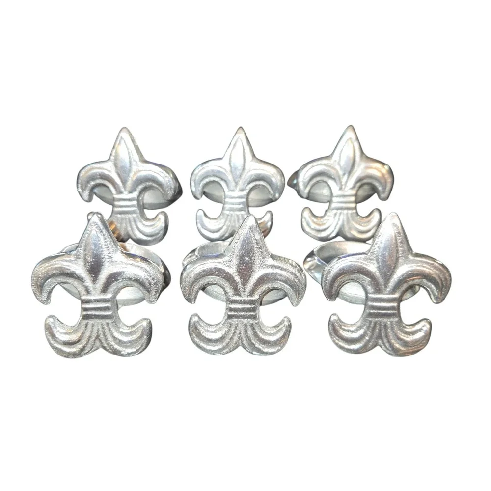 IHI Fleur De Lis Napkin Rings Silver Tone Pewter Set of 6 French Country 2.25